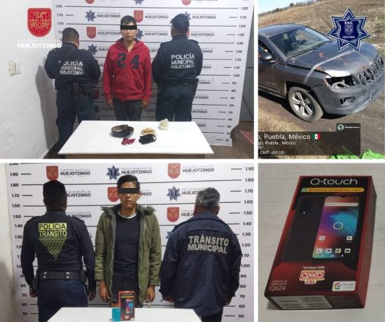 Elementos de la Secretaría de Seguridad Ciudadana de Huejotzingo detuvieron a dos personas por robo de vehículo y celular.