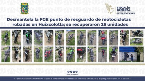 Duro Golpe al Robo de Motocicletas: FGE Desmantela Almacén Clandestino en Huixcolotla y Recupera 25 Unidades 1 motocicletas recuperadas reporte robo en Huisxcolota fge puebla